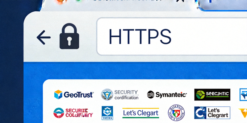 웹 브라우저 주소창의 자물쇠 아이콘과 HTTPS 표시, 그리고 사이트 하단의 보안 인증 로고들을 강조하는 이미지