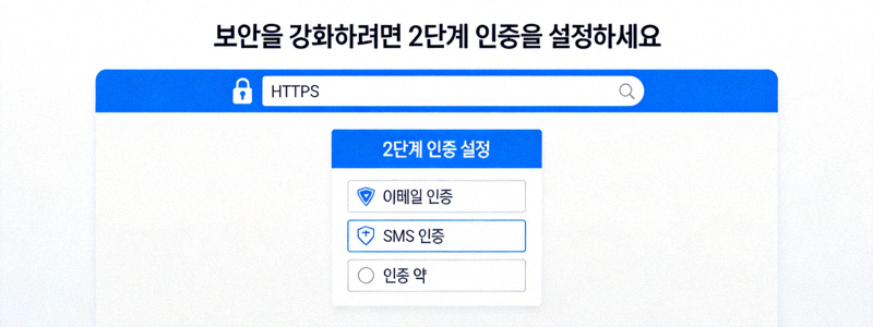 브라우저 주소창의 자물쇠 아이콘과 HTTPS 표시, 그리고 2단계 인증 설정 화면을 보여주는 보안 점검 가이드 이미지