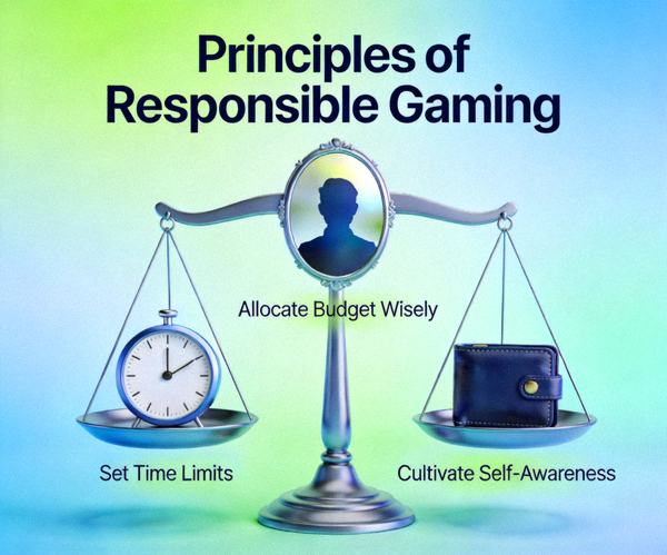 책임 있는 게임의 원칙을 상징하는 이미지로, 시간과 예산 설정, 자기 인식의 중요성을 강조하는 그래픽