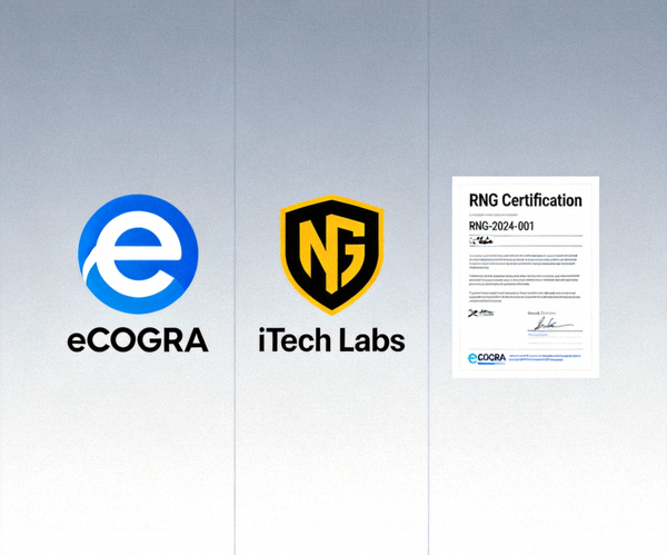 eCOGRA 및 iTech Labs와 같은 국제 게임 검증 기관의 공정성 인증 로고와 RNG 인증서를 보여주는 이미지
