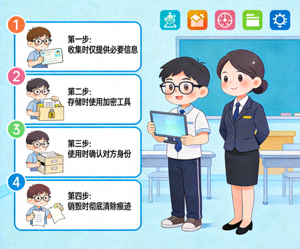 개인정보 보호를 위한 실천 단계를 캐릭터와 함께 설명하는 교육용 일러스트