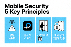 공용 Wi-Fi, 공식 앱 스토어, 로그아웃, 캐시 정리, 2단계 인증 등 모바일 보안 5대 원칙을 강조하는 인포그래픽