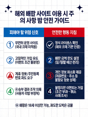 해외 배팅 사이트 이용 시 피해야 할 위험 신호와 안전한 행동 지침을 대비하여 보여주는 인포그래픽