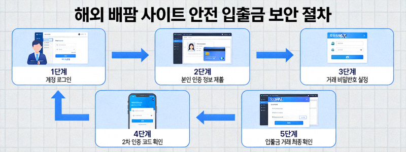 해외 배팅 사이트에서 안전한 입출금을 위한 단계별 보안 절차를 설명하는 플로우 차트