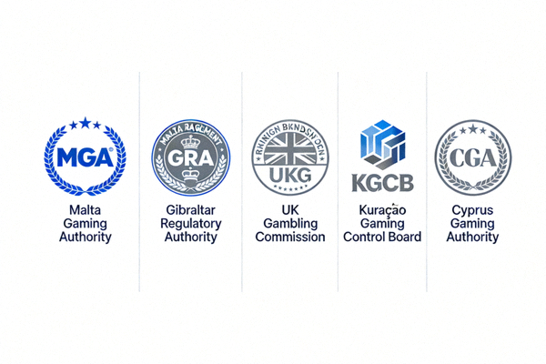 해외 카지노 사이트 푸터에 표시된 다양한 국제 게임 라이선스 로고들을 비교하는 이미지
