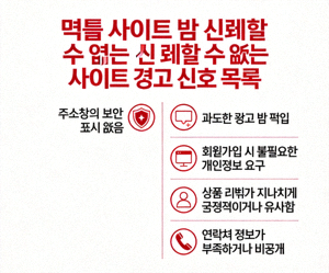 먹튀 사이트나 신뢰할 수 없는 사이트의 주요 경고 신호 목록을 그림으로 표현한 이미지