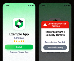 모바일 앱 설치 시 정식 앱 스토어 화면과 비공식 다운로드 경고 화면을 비교하여 보여주는 예시 이미지