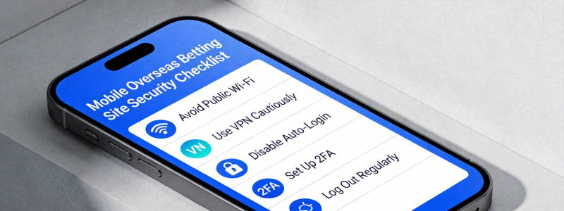 모바일 기기에서 해외 배팅 사이트 이용 시 공용 Wi-Fi 회피, VPN 주의, 자동 로그인 비활성화, 2단계 인증 설정, 정기적 로그아웃 등 보안 체크리스트를 시각화한 이미지